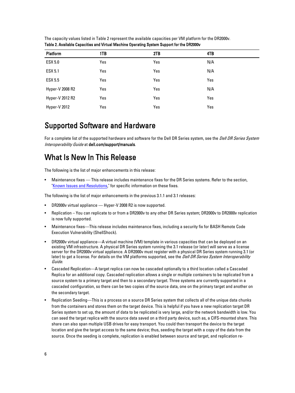 Supported software and hardware, What is new in this release | Dell PowerVault DR2000v User Manual | Page 6 / 38