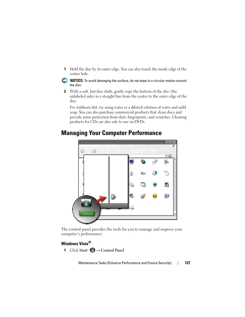 Managing your computer performance, Windows vista | Dell Inspiron 15 (1564, Early 2010) User Manual | Page 127 / 354