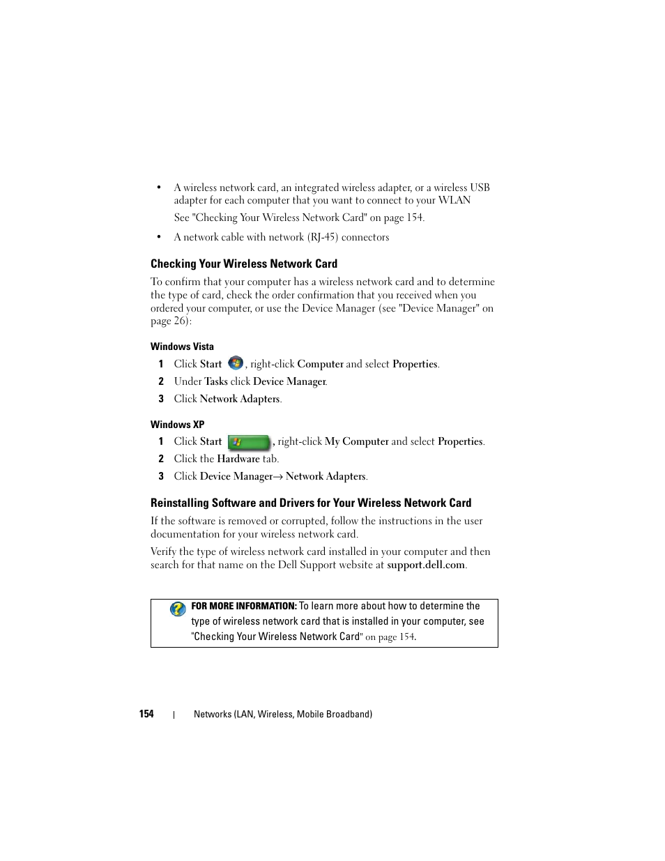 Checking your wireless network card | Dell Inspiron 15 (1564, Early 2010) User Manual | Page 154 / 354