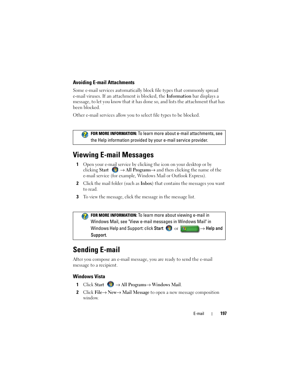 Avoiding e-mail attachments, Viewing e-mail messages, Sending e-mail | Windows vista | Dell Inspiron 15 (1564, Early 2010) User Manual | Page 197 / 354