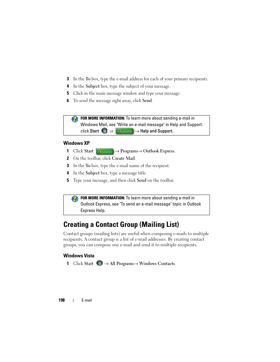 Windows xp, Creating a contact group (mailing list), Windows vista | Dell Inspiron 15 (1564, Early 2010) User Manual | Page 198 / 354