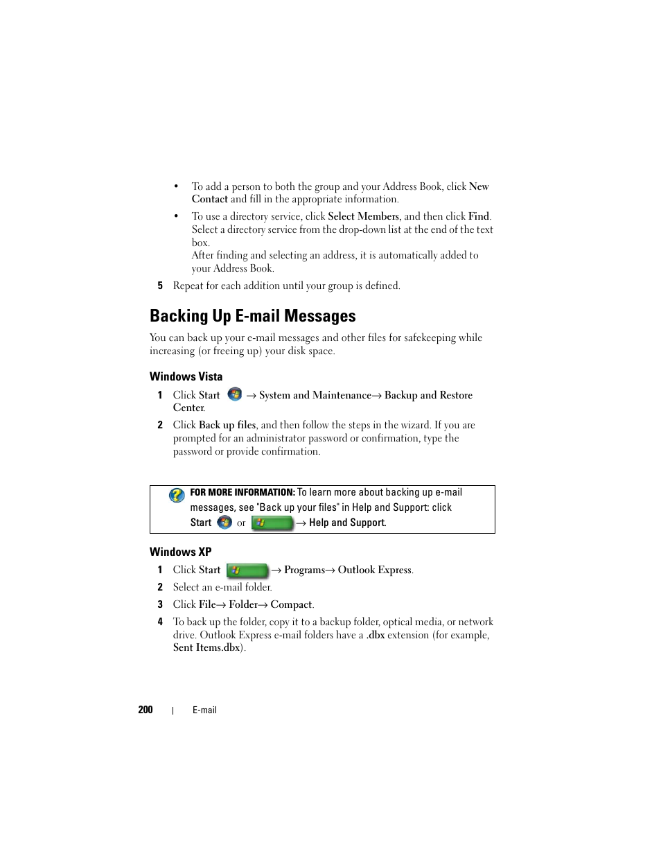 Backing up e-mail messages, Windows vista, Windows xp | Dell Inspiron 15 (1564, Early 2010) User Manual | Page 200 / 354