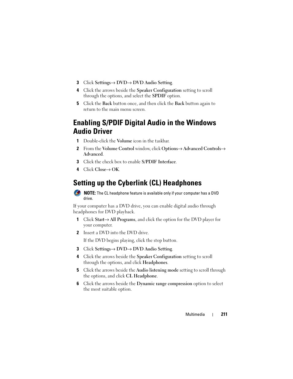Setting up the cyberlink (cl) headphones | Dell Inspiron 15 (1564, Early 2010) User Manual | Page 211 / 354