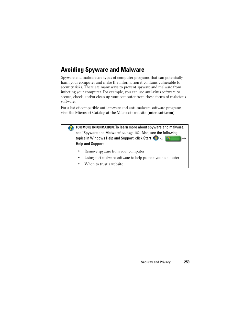 Avoiding spyware and malware | Dell Inspiron 15 (1564, Early 2010) User Manual | Page 259 / 354