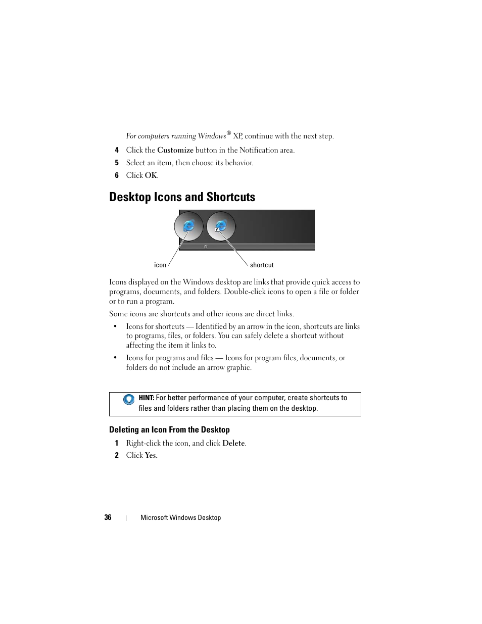 Desktop icons and shortcuts, Deleting an icon from the desktop | Dell Inspiron 15 (1564, Early 2010) User Manual | Page 36 / 354