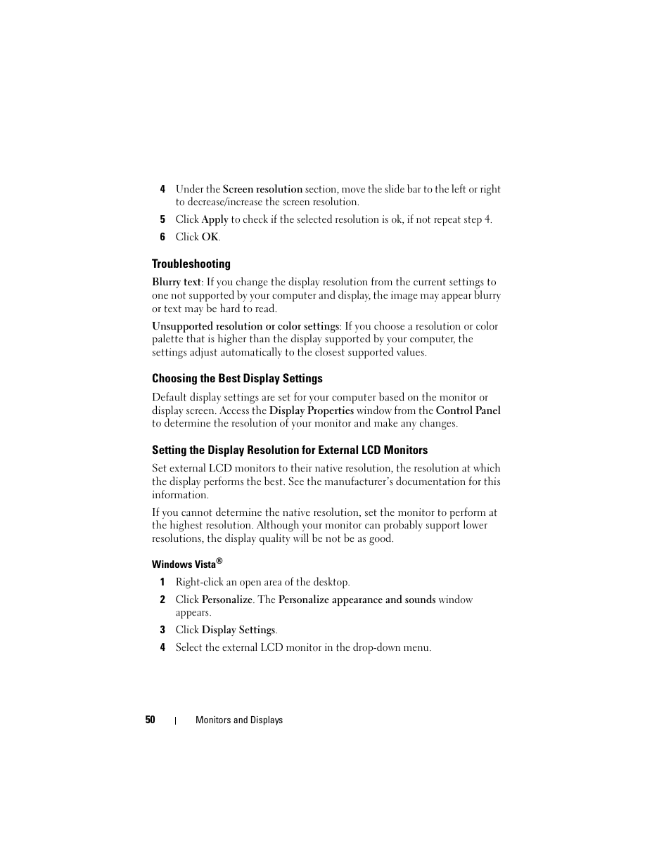 Troubleshooting, Choosing the best display settings | Dell Inspiron 15 (1564, Early 2010) User Manual | Page 50 / 354