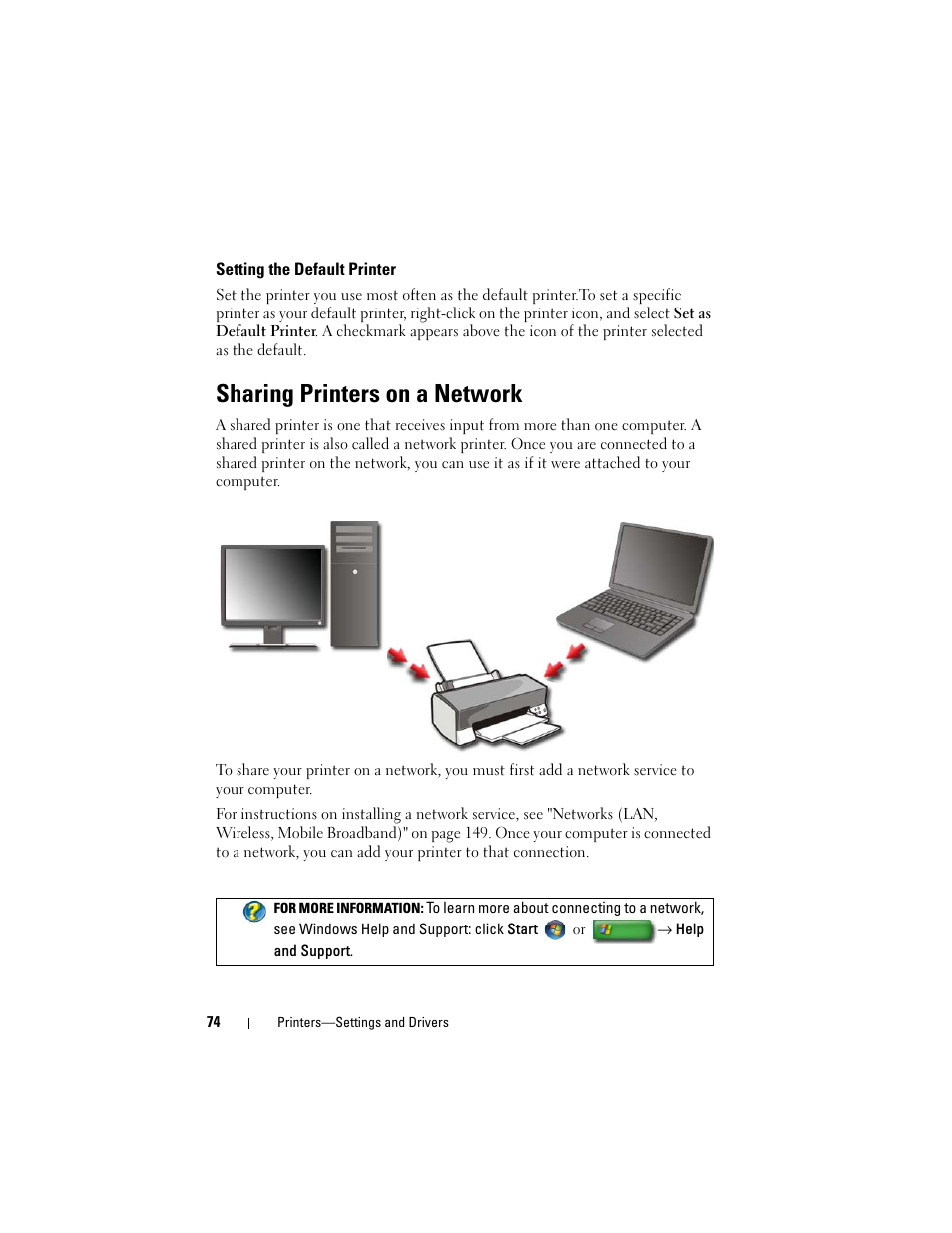 Setting the default printer, Sharing printers on a network | Dell Inspiron 15 (1564, Early 2010) User Manual | Page 74 / 354