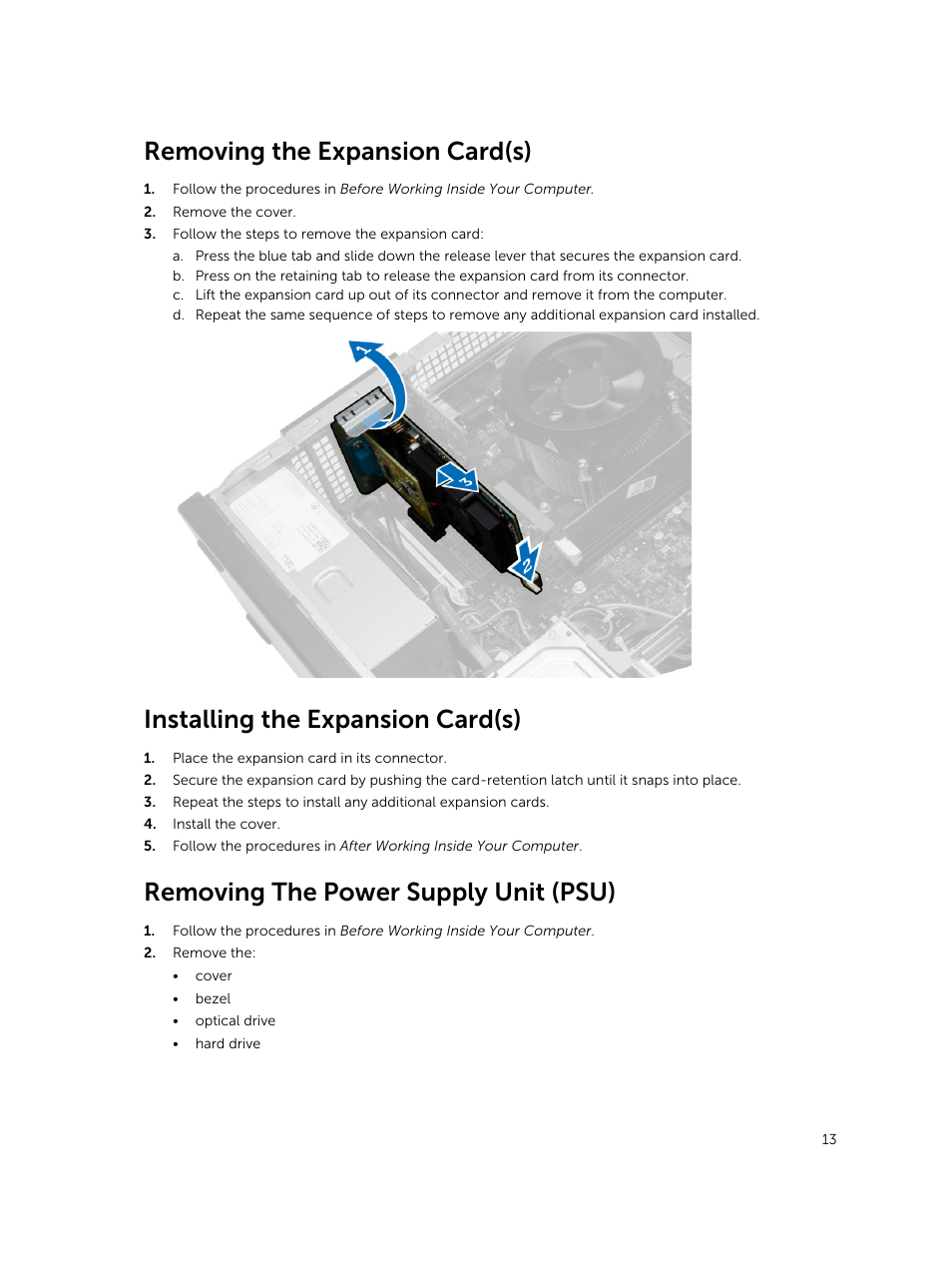 Removing the expansion card(s), Installing the expansion card(s), Removing the power supply unit (psu) | Dell Vostro 3800 Slim Tower (Late 2013) User Manual | Page 13 / 37