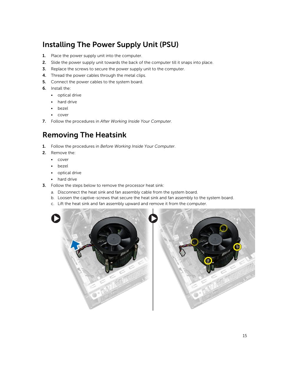 Installing the power supply unit (psu), Removing the heatsink | Dell Vostro 3800 Slim Tower (Late 2013) User Manual | Page 15 / 37