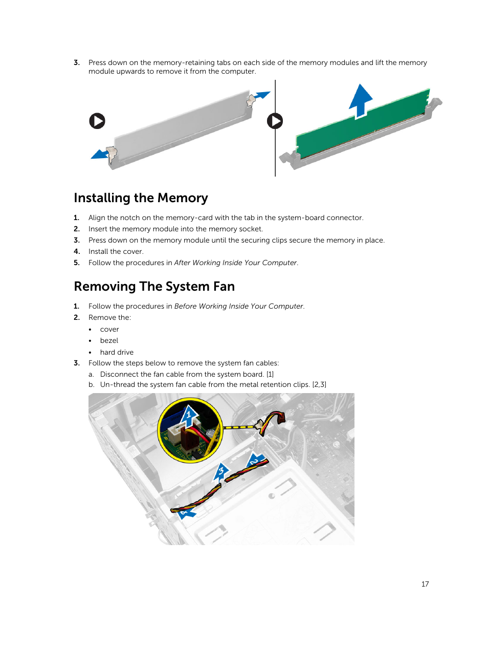 Installing the memory, Removing the system fan | Dell Vostro 3800 Slim Tower (Late 2013) User Manual | Page 17 / 37