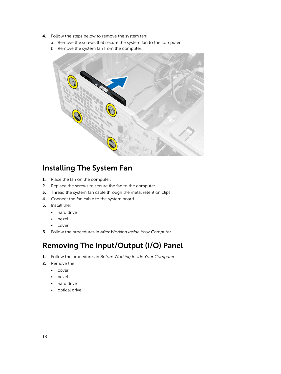 Installing the system fan, Removing the input/output (i/o) panel | Dell Vostro 3800 Slim Tower (Late 2013) User Manual | Page 18 / 37