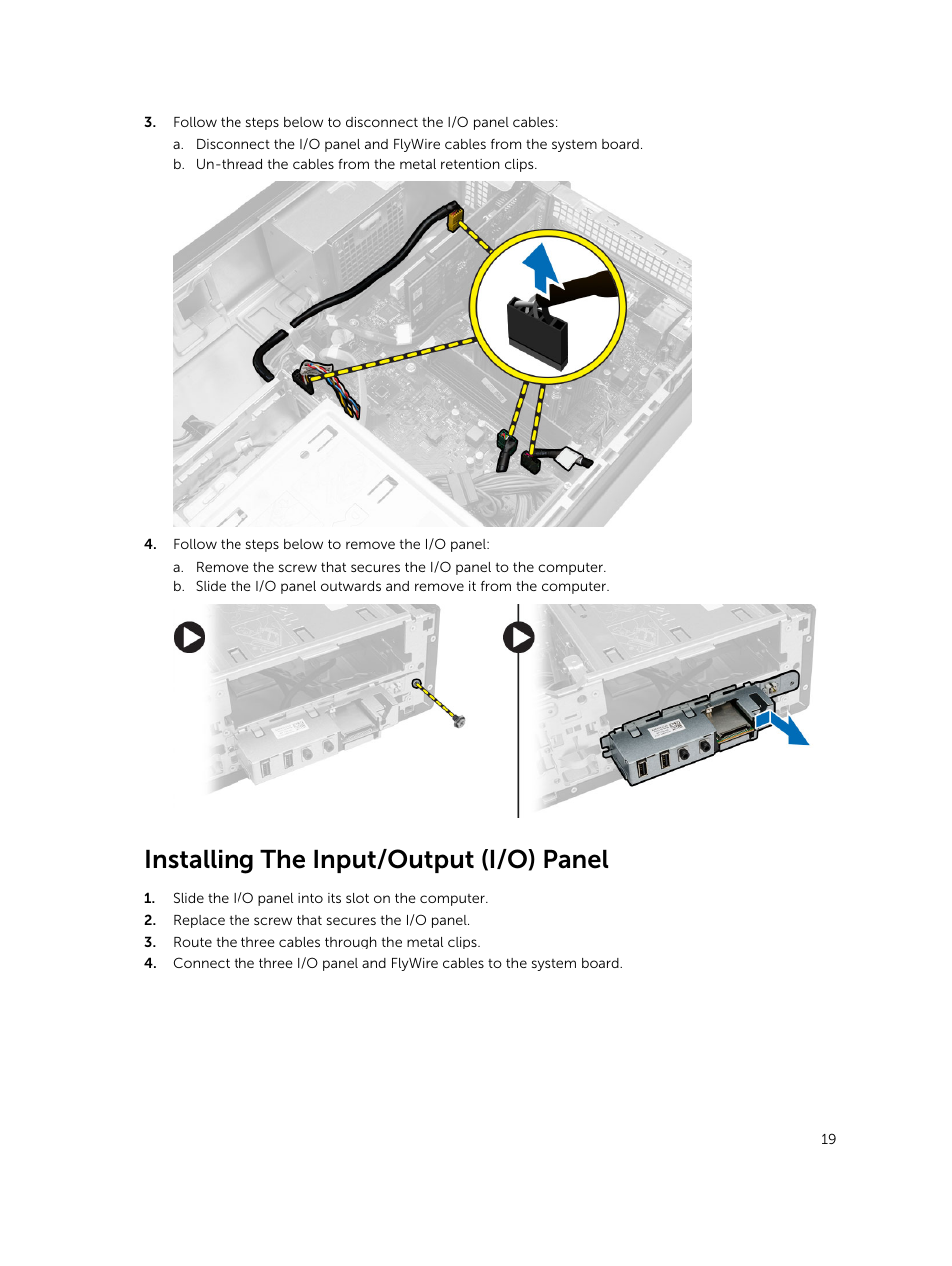 Installing the input/output (i/o) panel | Dell Vostro 3800 Slim Tower (Late 2013) User Manual | Page 19 / 37