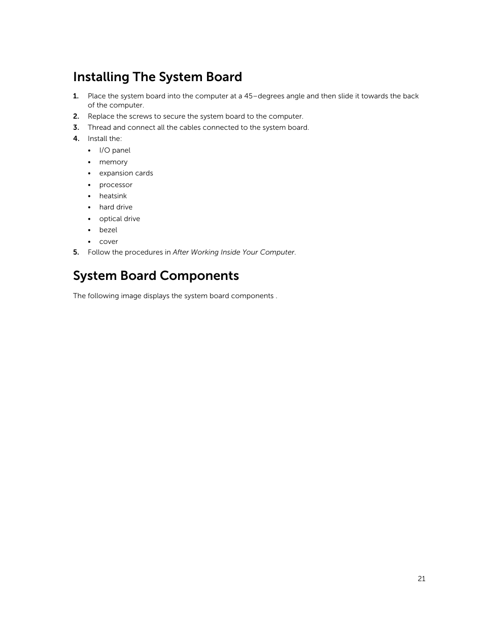 Installing the system board, System board components | Dell Vostro 3800 Slim Tower (Late 2013) User Manual | Page 21 / 37