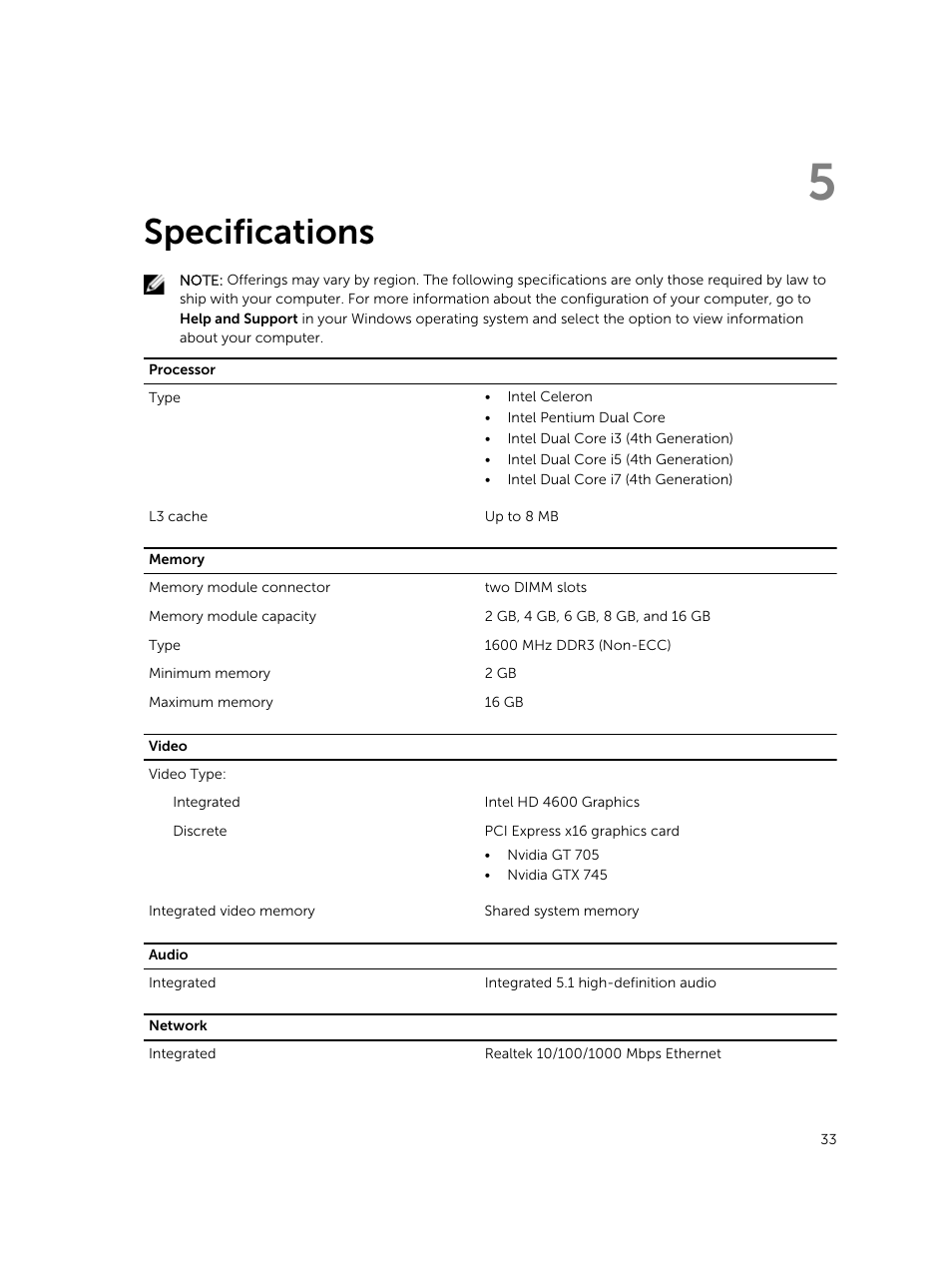 Specifications, 5 specifications | Dell Vostro 3800 Slim Tower (Late 2013) User Manual | Page 33 / 37