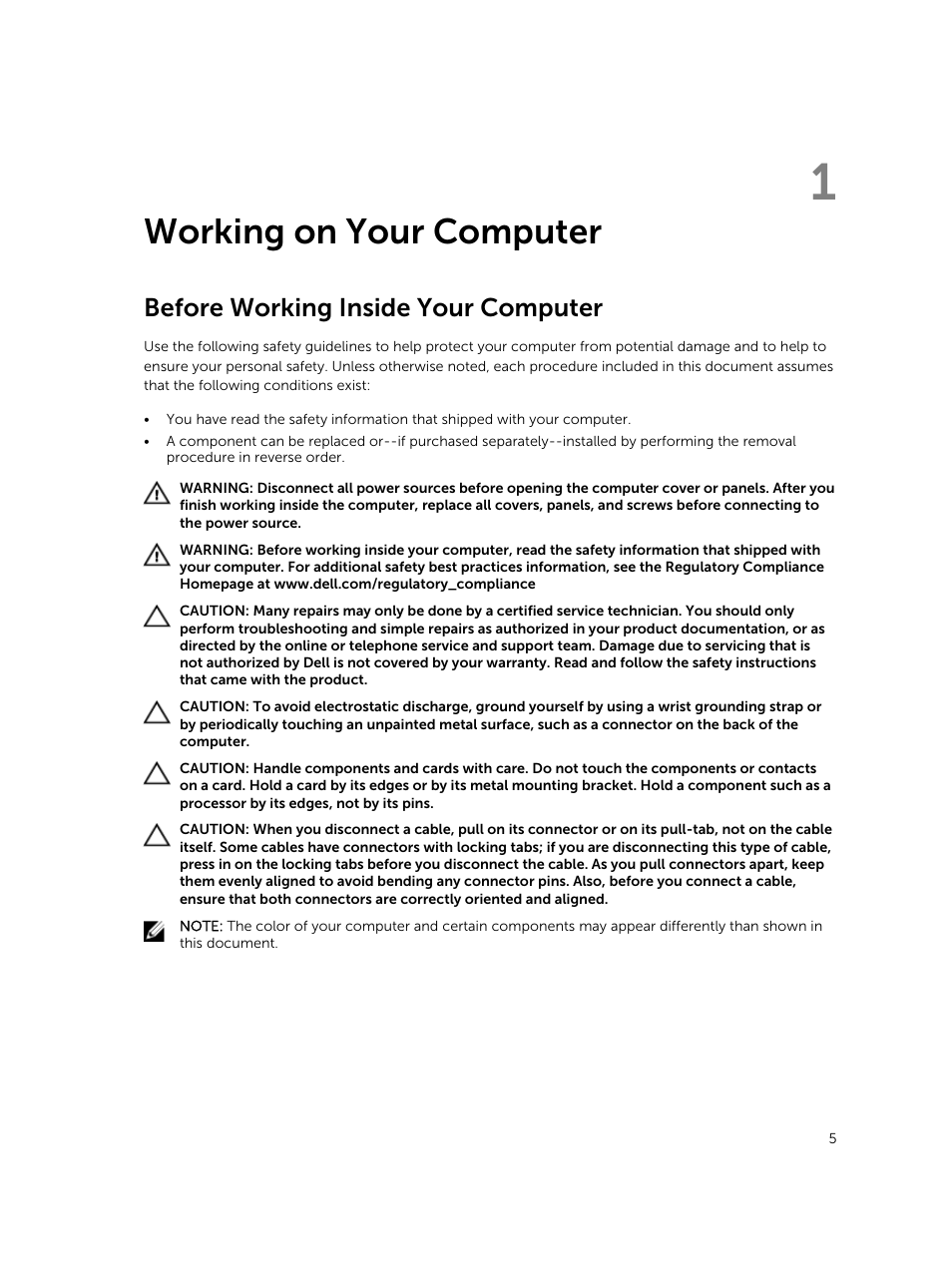 Working on your computer, Before working inside your computer, 1 working on your computer | Dell Vostro 3800 Slim Tower (Late 2013) User Manual | Page 5 / 37