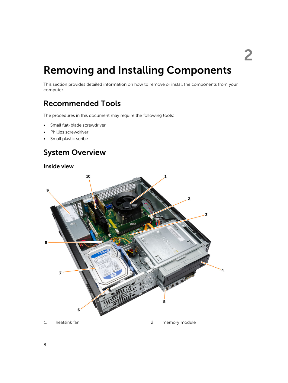 Removing and installing components, Recommended tools, System overview | Inside view, 2 removing and installing components | Dell Vostro 3800 Slim Tower (Late 2013) User Manual | Page 8 / 37