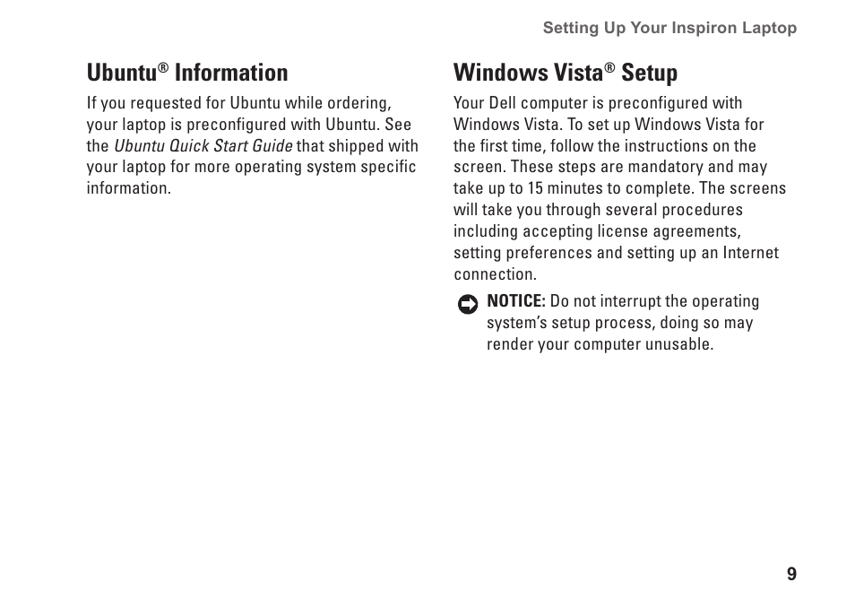 Ubuntu® information, Windows vista® setup, Ubuntu | Information, Windows vista, Setup | Dell Inspiron Mini 12 (1210, Late 2008) User Manual | Page 11 / 62