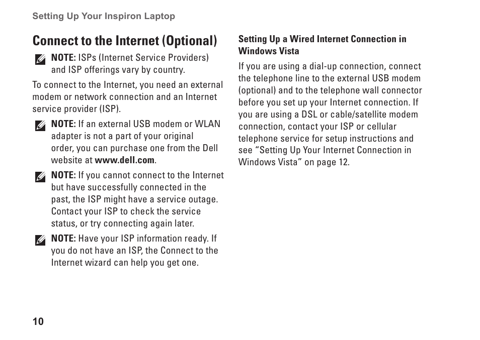 Connect to the internet (optional) | Dell Inspiron Mini 12 (1210, Late 2008) User Manual | Page 12 / 62