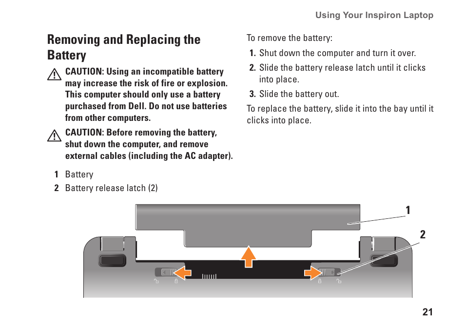 Removing and replacing the battery | Dell Inspiron Mini 12 (1210, Late 2008) User Manual | Page 23 / 62