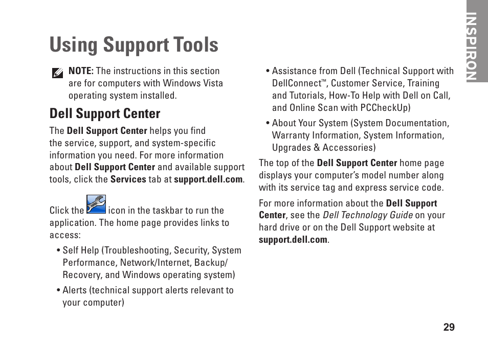 Dell support center, Using support tools, Inspiron | Dell Inspiron Mini 12 (1210, Late 2008) User Manual | Page 31 / 62