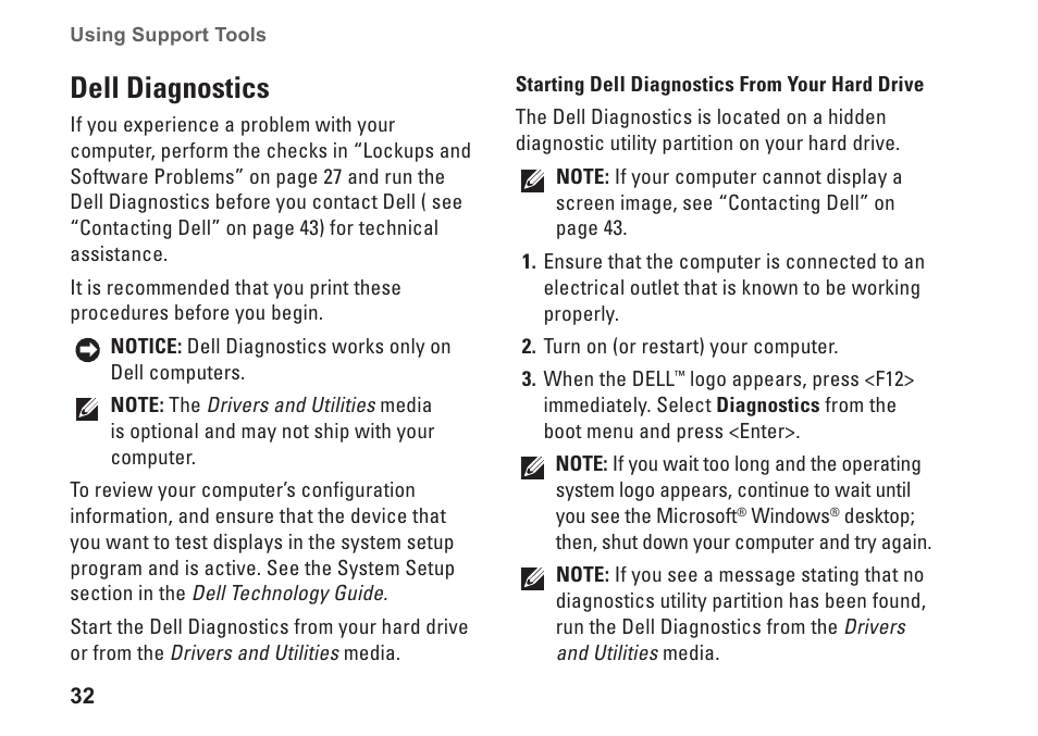 Dell diagnostics | Dell Inspiron Mini 12 (1210, Late 2008) User Manual | Page 34 / 62