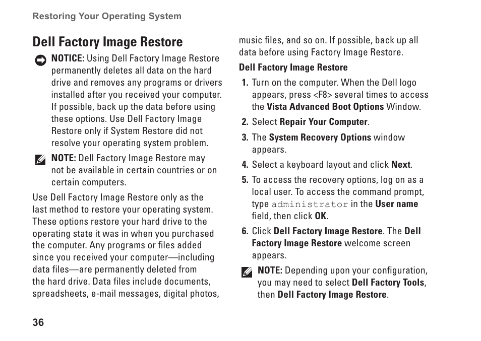 Dell factory image restore | Dell Inspiron Mini 12 (1210, Late 2008) User Manual | Page 38 / 62