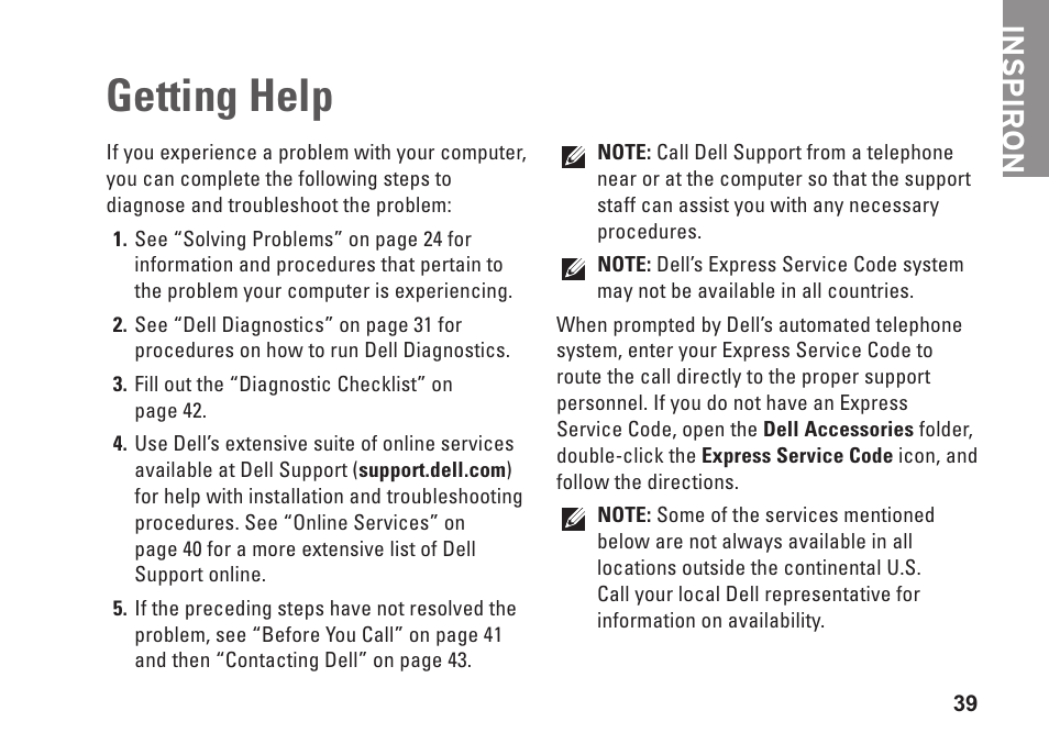Getting help, Inspiron | Dell Inspiron Mini 12 (1210, Late 2008) User Manual | Page 41 / 62