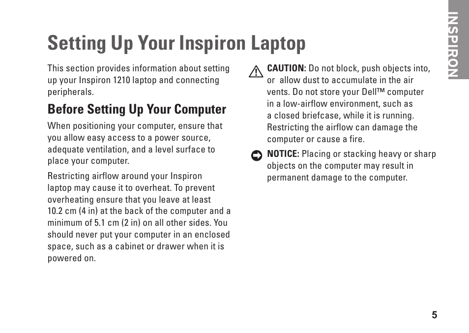 Setting up your inspiron laptop, Before setting up your computer, Inspiron | Dell Inspiron Mini 12 (1210, Late 2008) User Manual | Page 7 / 62
