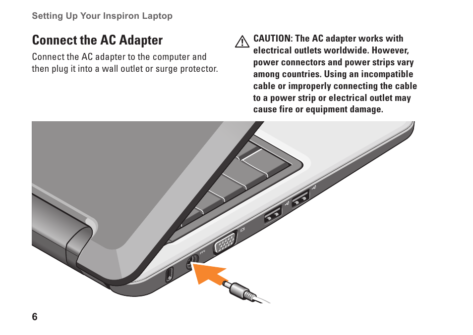 Connect the ac adapter | Dell Inspiron Mini 12 (1210, Late 2008) User Manual | Page 8 / 62