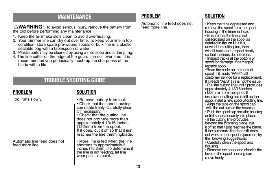 Maintenance, Trouble shooting guide | Black & Decker LST136 User Manual | Page 13 / 48