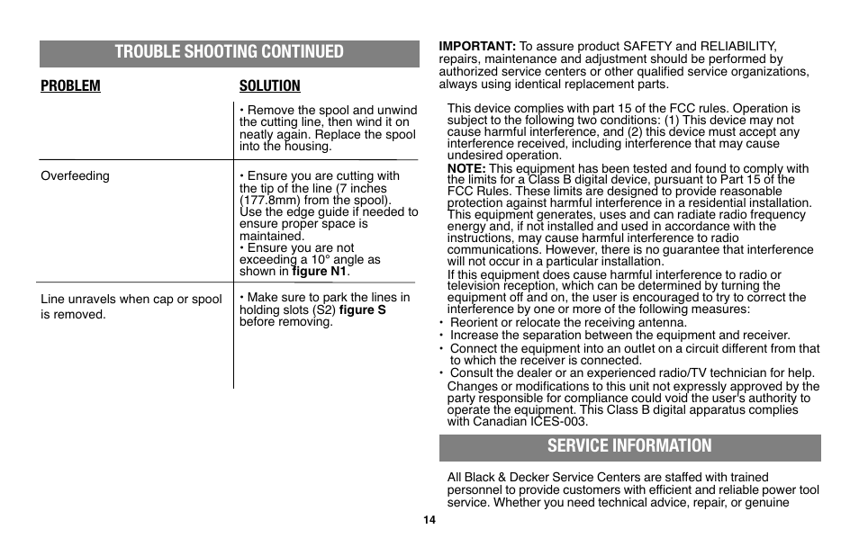 Trouble shooting continued, Service information | Black & Decker LST136 User Manual | Page 14 / 48