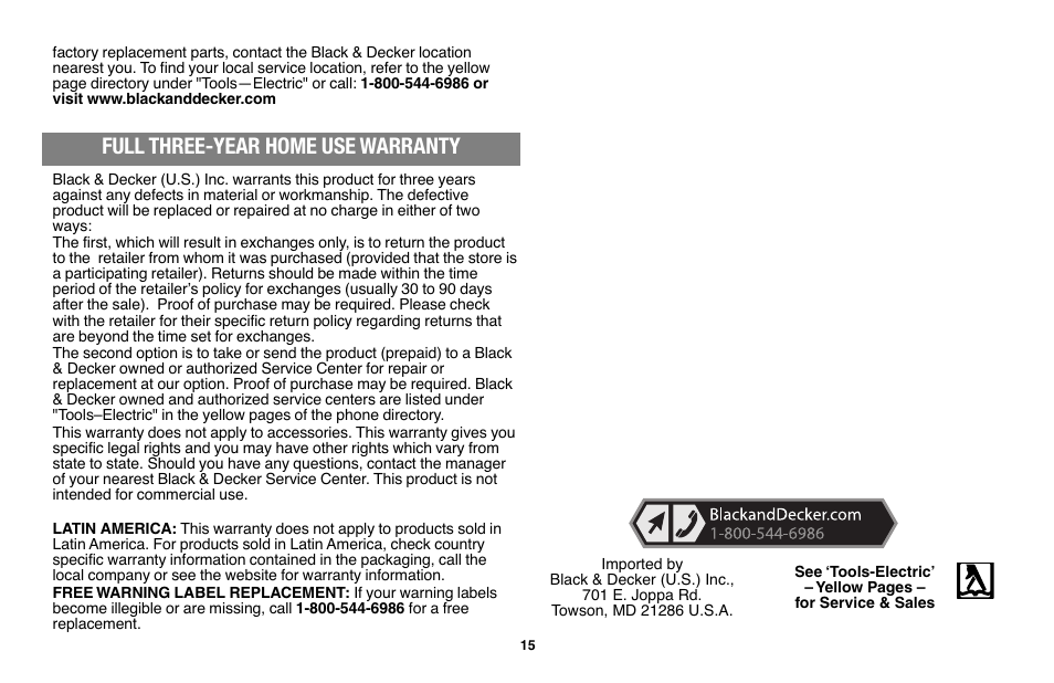 Full three-year home use warranty | Black & Decker LST136 User Manual | Page 15 / 48