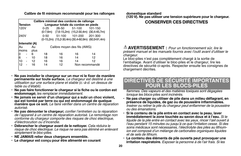 Lire toutes les directives, Conserver ces directives avertissement | Black & Decker LST136 User Manual | Page 20 / 48