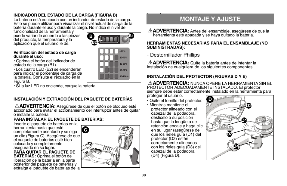 Montaje y ajuste | Black & Decker LST136 User Manual | Page 38 / 48