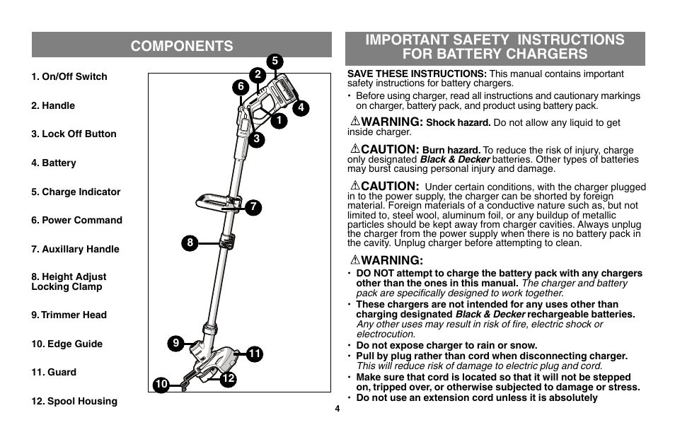 Components, Important safety instructions for battery chargers | Black & Decker LST136 User Manual | Page 4 / 48