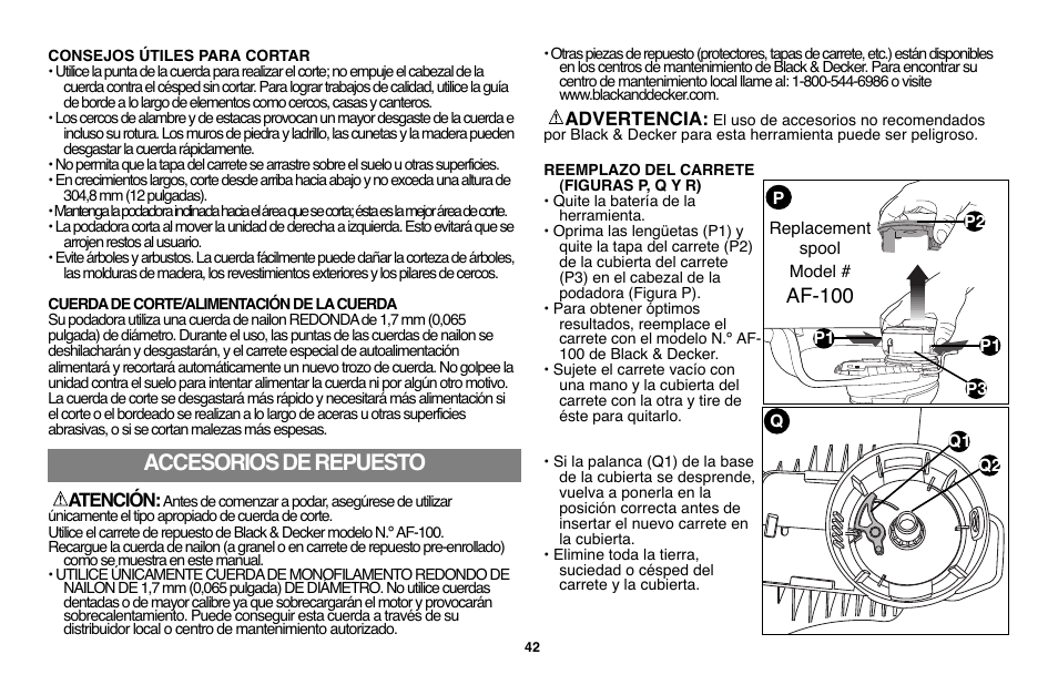 Accesoriosderepuesto, Af-100 | Black & Decker LST136 User Manual | Page 42 / 48