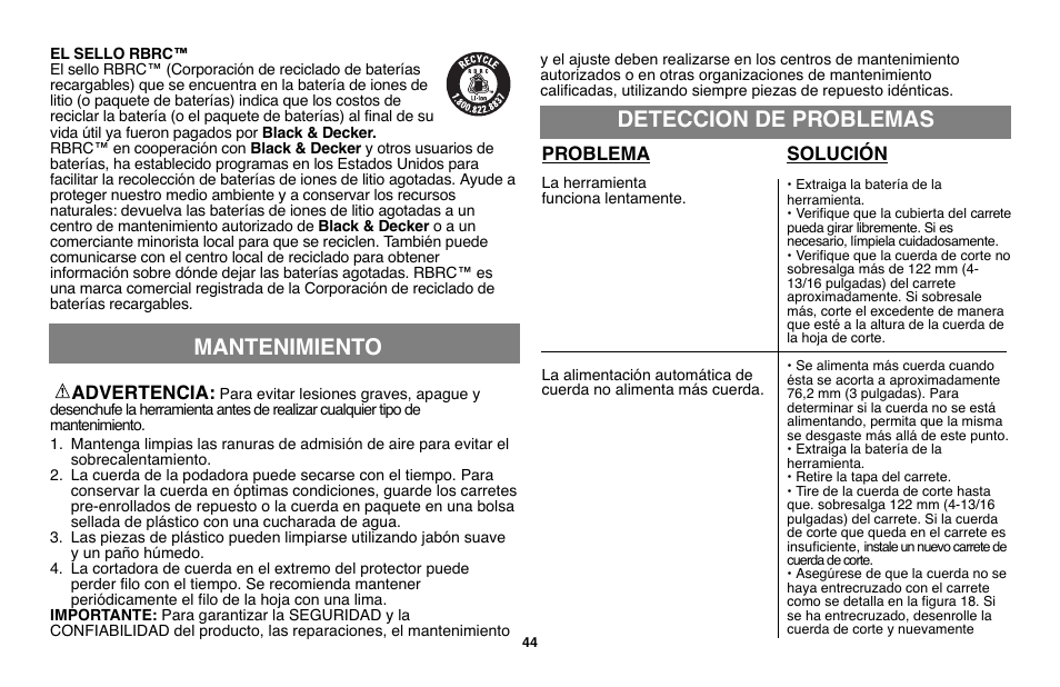 Deteccion de problemas, Mantenimiento, Advertencia | Problema, Solución | Black & Decker LST136 User Manual | Page 44 / 48