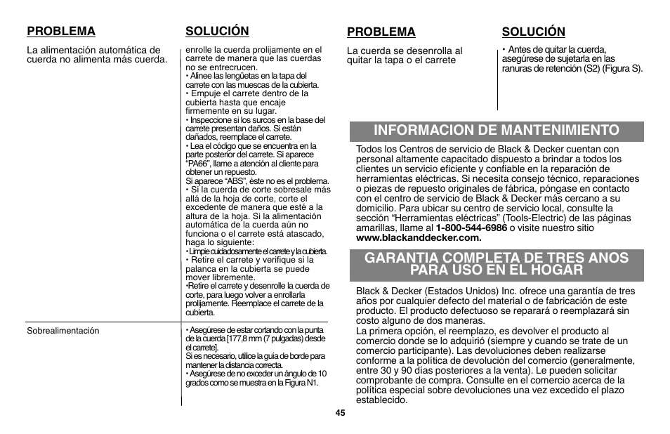 Informacion de mantenimiento, Problema, Solución | Black & Decker LST136 User Manual | Page 45 / 48
