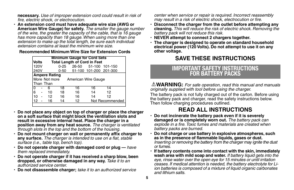 Important safety instructions for battery packs, Save these instructions, Read all instructions | Warning | Black & Decker LST136 User Manual | Page 5 / 48