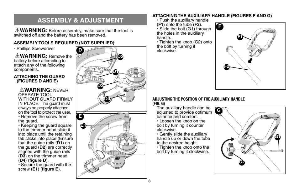 Assembly & adjustment | Black & Decker LST136 User Manual | Page 8 / 48