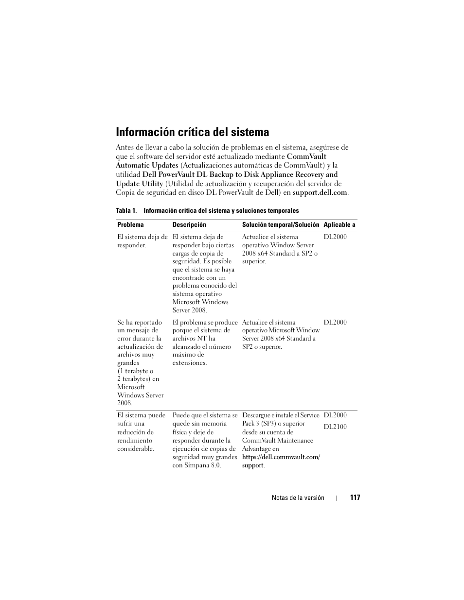 Información crítica del sistema | Dell PowerVault DL2200 CommVault User Manual | Page 117 / 138