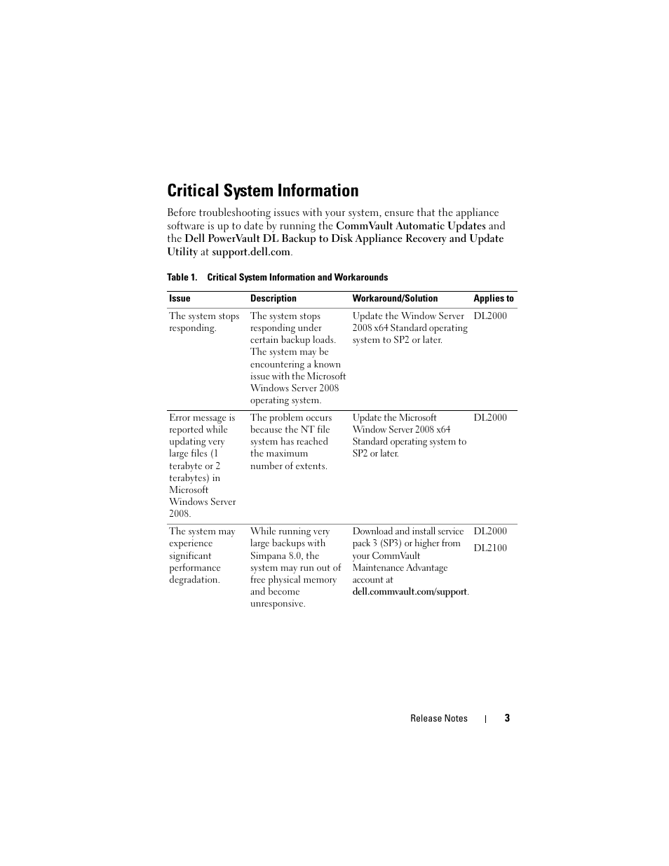 Critical system information | Dell PowerVault DL2200 CommVault User Manual | Page 3 / 138