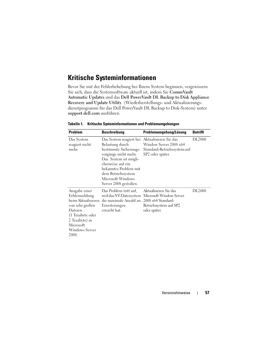 Kritische systeminformationen | Dell PowerVault DL2200 CommVault User Manual | Page 57 / 138