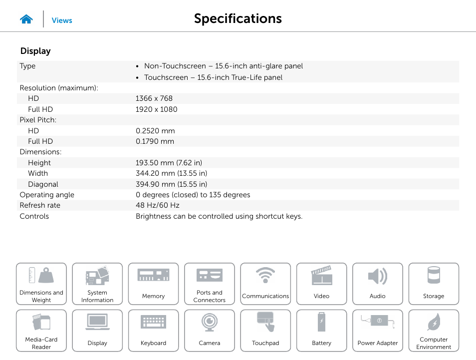 Display, Specifications | Dell Inspiron 15 7547 User Manual | Page 16 / 22