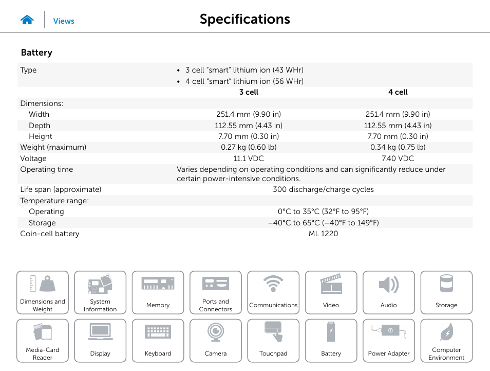 Battery, Specifications | Dell Inspiron 15 7547 User Manual | Page 20 / 22