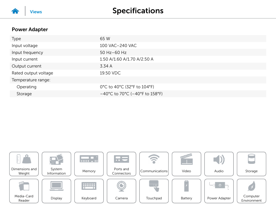 Power adapter, Specifications | Dell Inspiron 15 7547 User Manual | Page 21 / 22