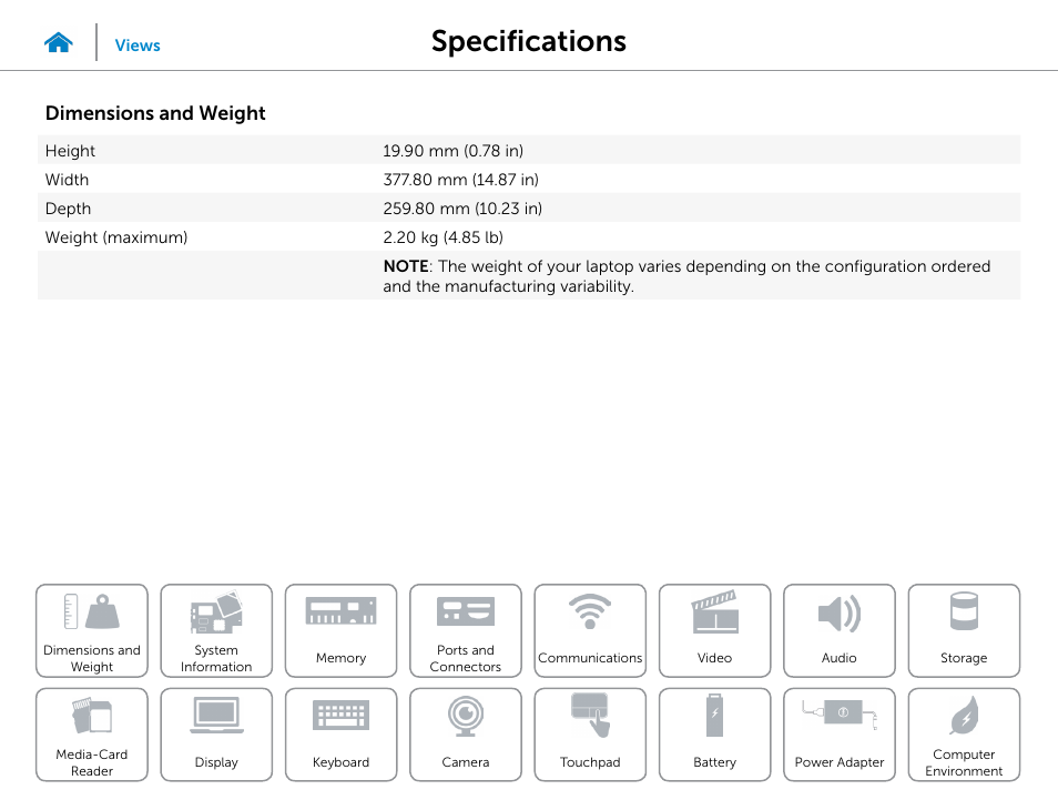 Specifications, Dimensions and weight | Dell Inspiron 15 7547 User Manual | Page 7 / 22