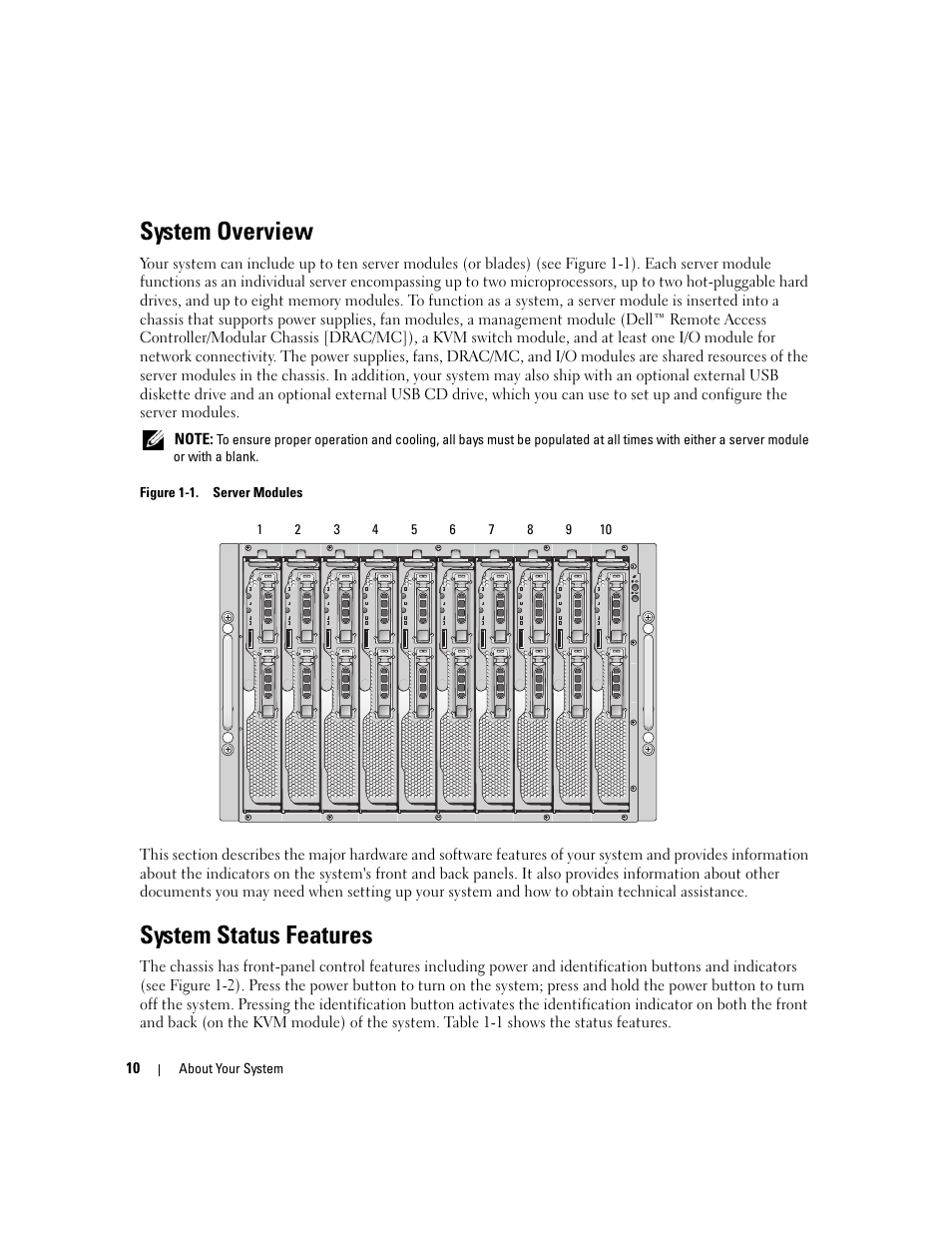 System overview, System status features | Dell POWEREDGE 1955 User Manual | Page 10 / 160