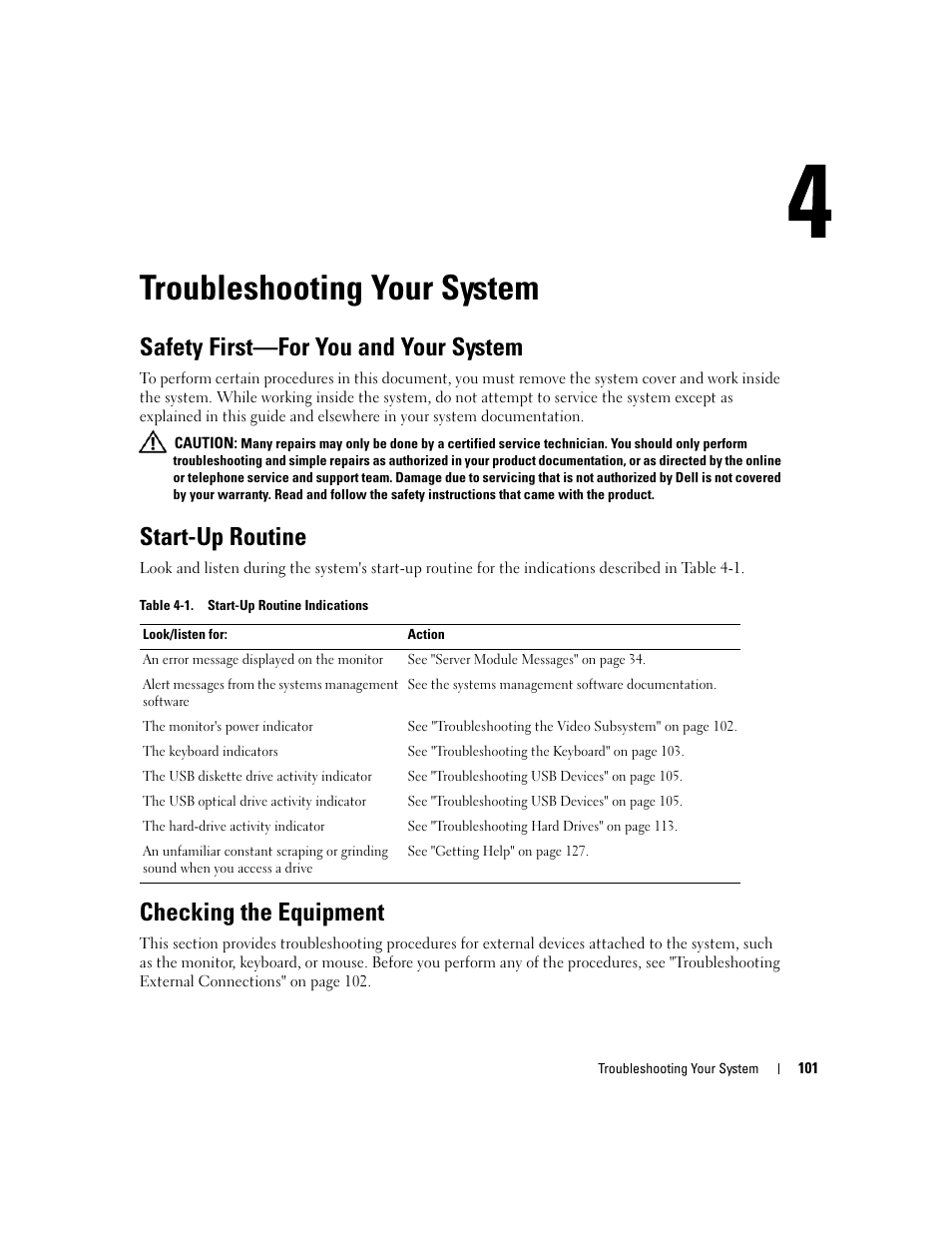 Troubleshooting your system, Safety first-for you and your system, Start-up routine | Checking the equipment, Safety first—for you and your system | Dell POWEREDGE 1955 User Manual | Page 101 / 160