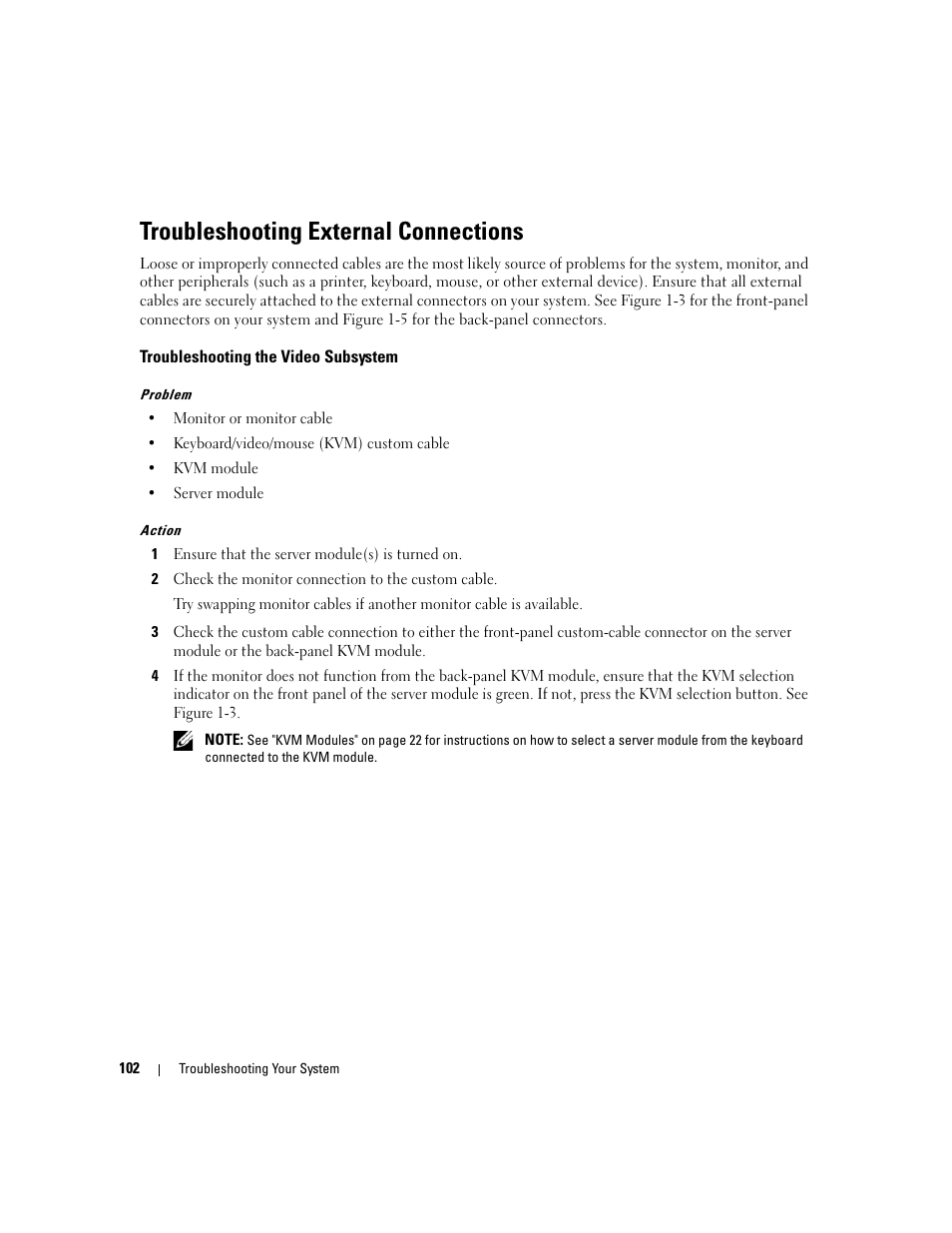 Troubleshooting external connections, Troubleshooting the video subsystem | Dell POWEREDGE 1955 User Manual | Page 102 / 160